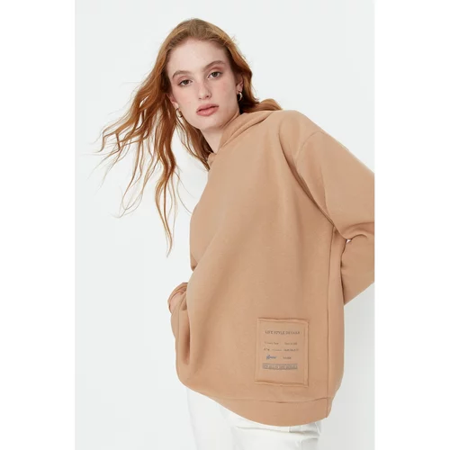 Trendyol Beige Loose Hoodie Printed and Raised Knitted Sweatshirt
