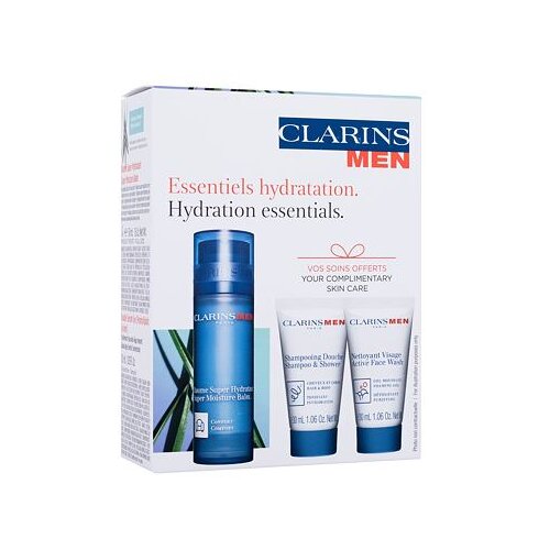 Clarins Men Hydration Essentials darovni set balzam za kožu Men Super Moisture Balm 50 ml + &amp;scaron;ampon Men Shampoo &amp;amp; Shower 30 ml + gel za či&amp;scaron;ćenje lica Men Active Face Wash 30 ml + serum za područje oko očiju Double Serum Eye 0,9 ml za mu&amp;scaron;karce Slike