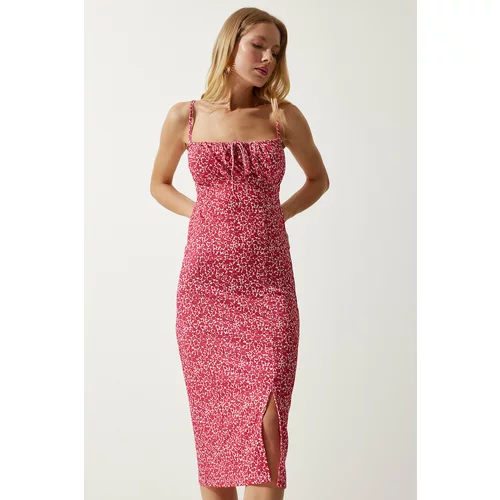 Happiness İstanbul Women's Vivid Pink Floral Slit Summer Knitted Dress