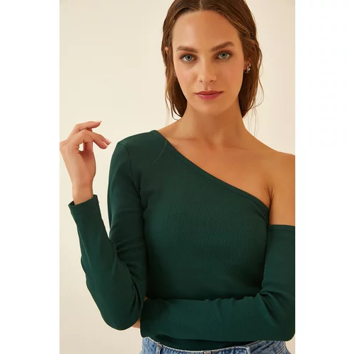 Happiness İstanbul Women's Green Open Shoulder Ribbed Knitted Blouse