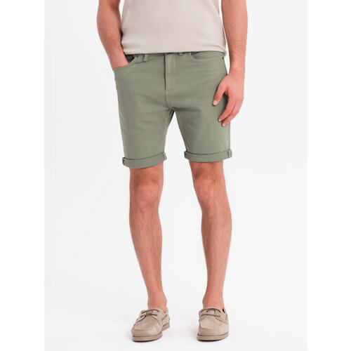 Ombre Men's classic denim shorts with rolled up leg - light olive Cene
