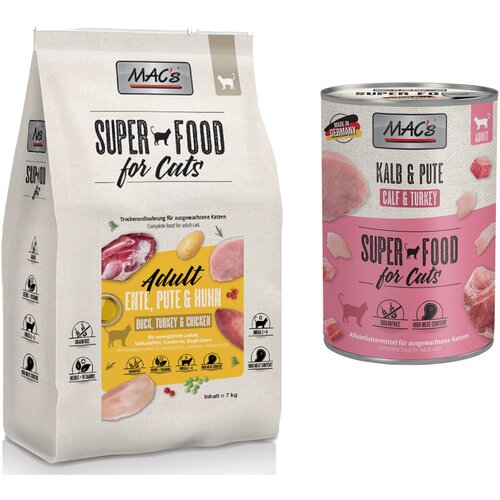  MAC&acute;s set: 12 x 400 g mokra hrana + 2 x 1,5 kg Superfood suha hrana - Teletina i puretina 12 x 400 g + Adult patka, puretina i piletina 2 x 1,5 kg Cijene