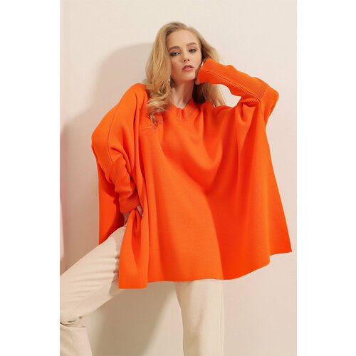 Bigdart 15783 Slit Poncho Sweater - Orange Slike