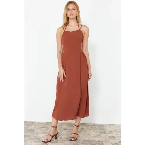 Trendyol Cinnamon Skirt Waist Opening Back Detail Midi Woven Dress