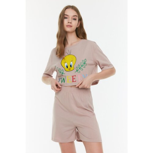 Trendyol Powder Tweety Licensed Crop Knitted Pajamas Set Slike