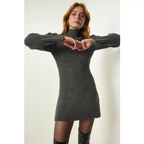 Happiness İstanbul Gray Ribbed A-Line Knitwear Dress