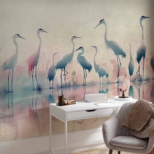  Foto tapeta - Birds by the lake - herons painted in watercolour in delicate grey and pink colours 300x210 Premium Cene