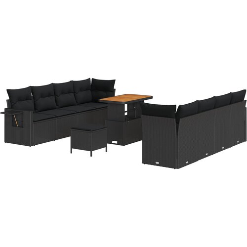 VidaXL Set Vrtnih Sofas od 11 komada s Jastučićima Crni Poli Ratan Akacija, Set Vrtne Trpeze od 3 komada s Jastučićima Crni Poli Ratan Akacija Slike