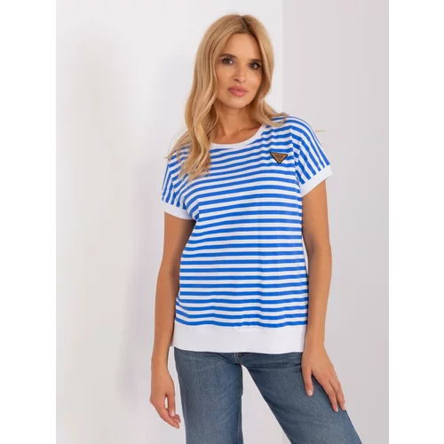Fashion Hunters Navy blue and white striped blouse with short sleeves