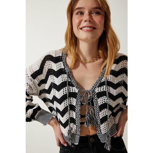 Happiness İstanbul Women's Cream Black Striped Openwork Seasonal Knitwear Cardigan Slike