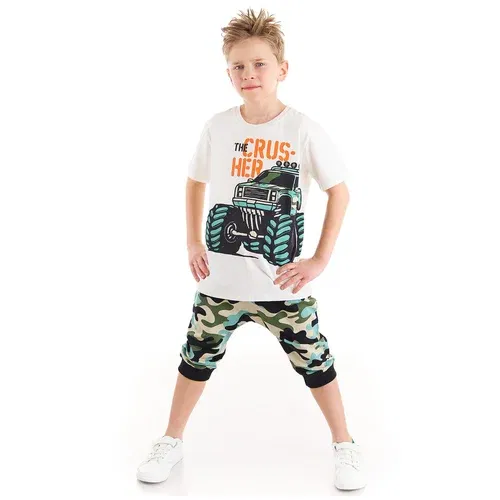 Mushi Monster Car Boys Kids Combed Cotton Combed T-shirt with Camouflage Capri Shorts Set.