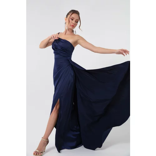 Lafaba Women's Navy Blue One-Shoulder Satin Evening & Prom Dress