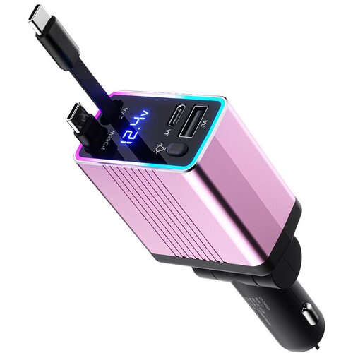 INF Avtomobilski polnilnik 120 W z dvojnim Type-C in izvlečnim kablom Pink, (5000505607) Cene