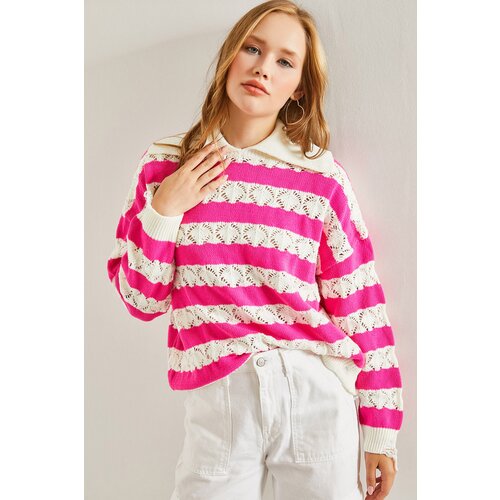 Bianco Lucci Women's Polo Neck Ripped Patterned Knitwear Sweater Slike