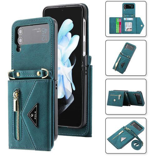 INORCO POLA za Samsung Galaxy Z Flip4 5G z več režami za kartice, žepnim stojalom na zadrgo, PU usnjen ovitek za telefon z naramnico, (22035571) Slike