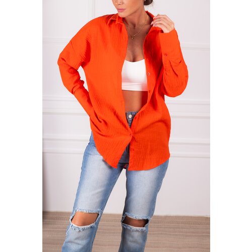 armonika Women's Orange Oversize Textured Linen Look Wide Cuff Shirt Cene