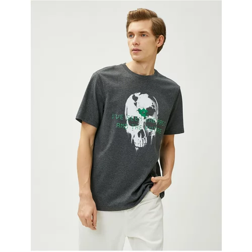 Koton Skull Printed T-Shirt Crew Neck Short Sleeve Slogan Detailed