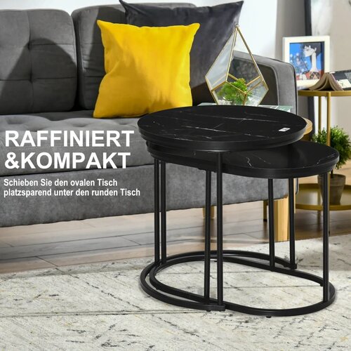  Set od 2 stolića za kavu ovalni i okrugli složivi ​​mramorni izgled MDF metal &amp;Oslash;50 x 50 5V cm crni Slike