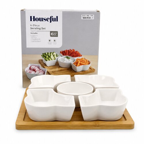  Set za serviranje sa 5 keramičkih posudica i drvenim postoljem, 27&amp;times;27&amp;times;6 cm Slike