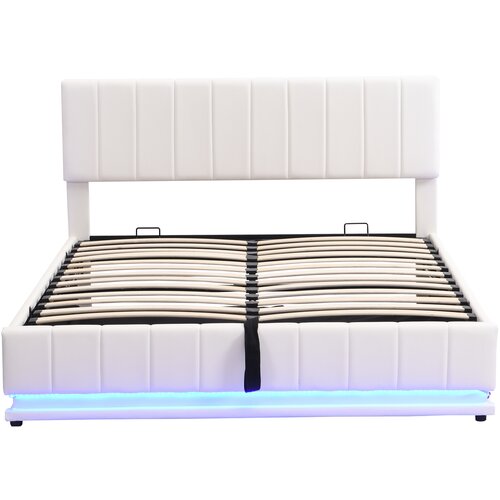 Lumor Postelja iz umetnega usnja z LED + letvena podlaga + nastavljivo vzglavje – 160x200 cm – bela, (22151163) Cene