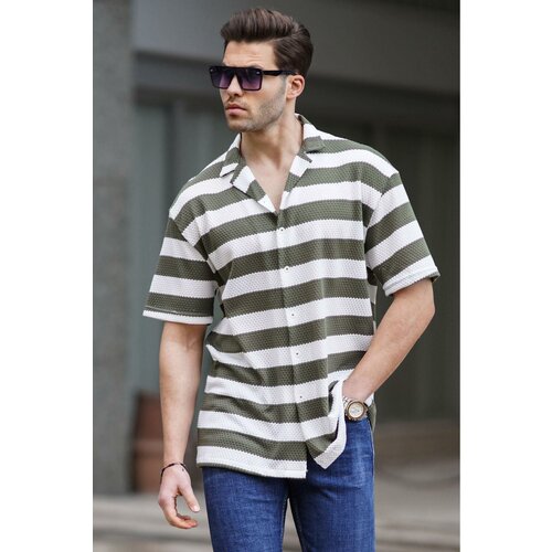 Madmext Khaki Striped Men's Short Sleeve Shirt 6730 Slike