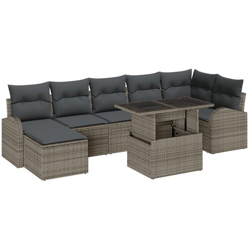 vidaXL 8-dijelni set vrtnih sofa s jastučićima siva poli ratan, 2-sjedna vrtna sofa s prostorom za pohranu i jastučićima siva poli ratan Cene