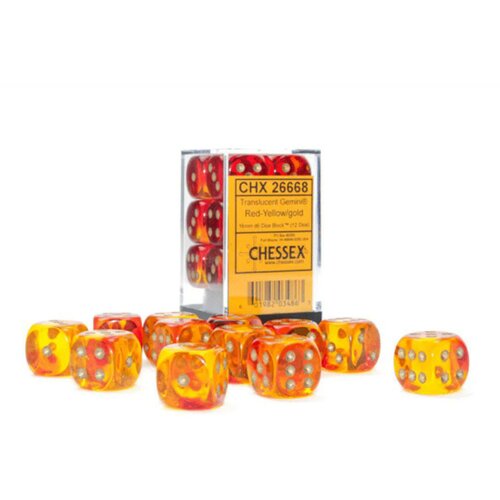 Chessex kockice - gemini - translucent - red-yellow & gold - dice block 16mm (12) Cene