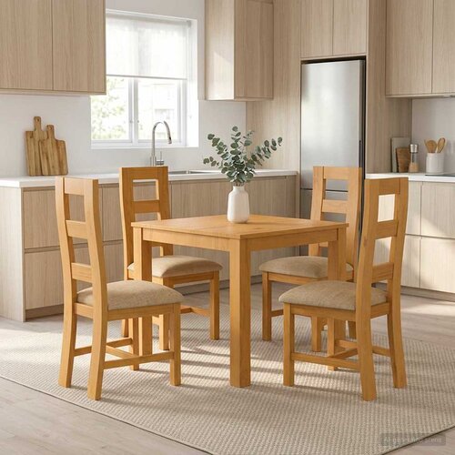  Blagovaonski set 5 kom. Bež Čvrsto Hrastovo Drvo 90 x 90 x 75 cm Slike
