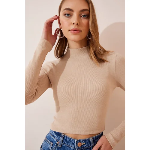  Women's Cream Corduroy Turtleneck Crop Knitted Blouse