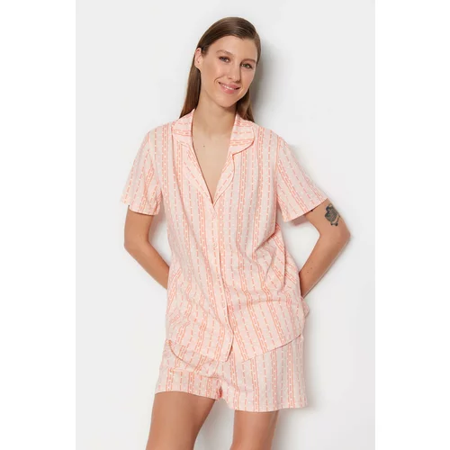 Trendyol Salmon 100% Cotton Striped Polka Dot Shirt-Shorts Knitted Pajamas Set