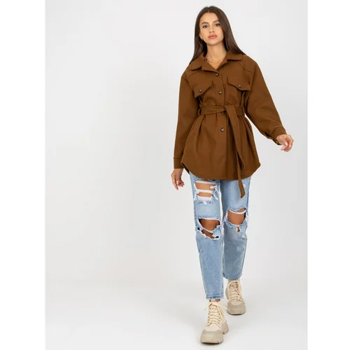Fashion Hunters Brown ladies' coat with pockets and a tie