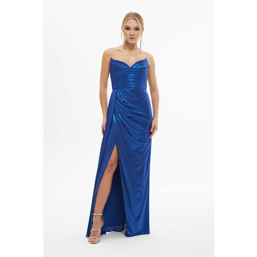 Carmen Saxe Blue Shiny Knitted Strapless Long Evening Dress Cene