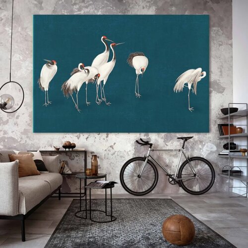  XXL slika - Evening by the pond - a group of cranes drawn in dry pastel on a dark turquoise background 140x93 Slike
