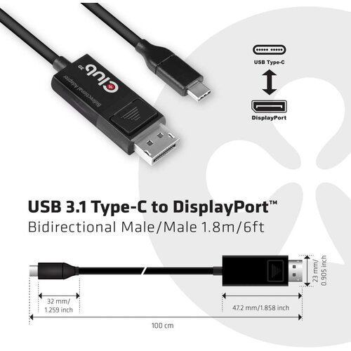 Club3d USB Priključni kabel [1x USB 3.1 mu&amp;scaron;ki konektor AC - 1x Mu&amp;scaron;ki konektor DisplayPort] 1.8 m Crna Slike