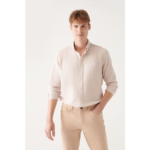 Avva Men's Beige Easy-Iron Button Collar Textured Cotton Standard Fit Regular Cut Shirt Cene