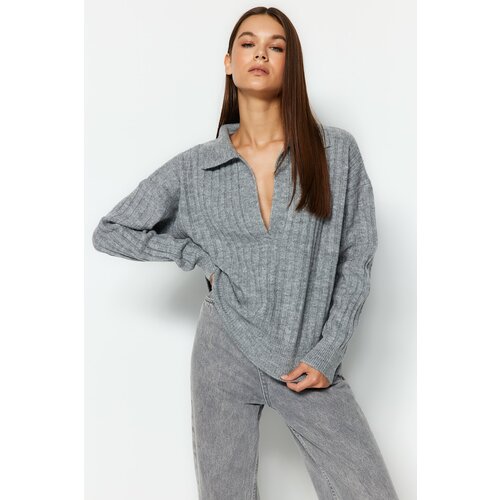 Trendyol Gray Soft Textured Polo Collar Knitwear Sweater Slike