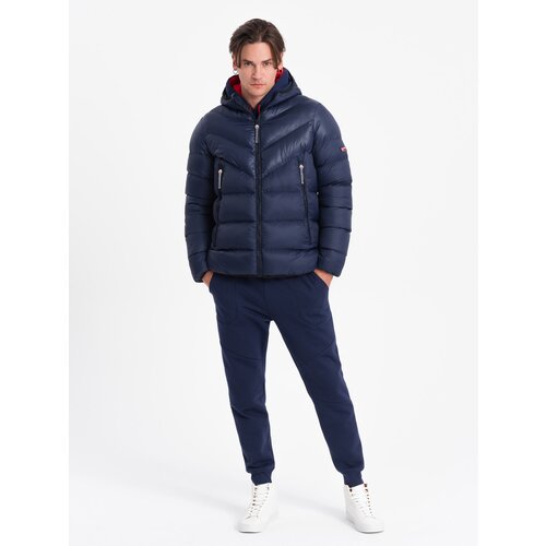 Ombre Men's winter quilted jacket of combined materials - navy blue Slike