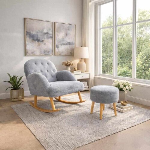 Atelier Del Sofa D&amp;uuml;gmeli - Grey Grey Wing Chair &amp;amp; Pouffe Set (2 Pieces) Slike