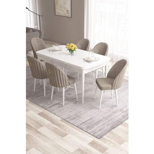Hanah home Roz - White, Cappuccino WhiteCappuccino Extendable Dining Table & Chairs Set (7 Pieces) Cene