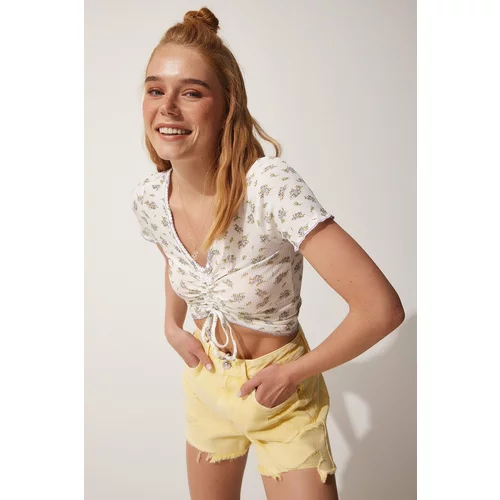 Happiness İstanbul Women's White Floral Pleated Crop Knitted Blouse