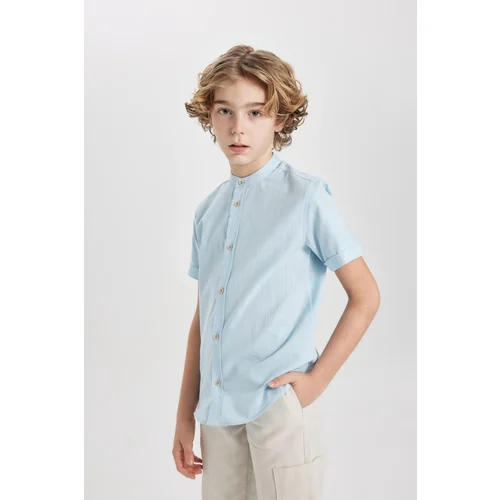 Defacto Boy's Stand Collar Linen Look Short Sleeve Shirt