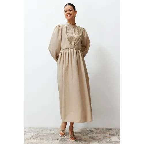 Trendyol Mink High Neck Balloon Sleeve Button and Piping Detailed Woven Dress