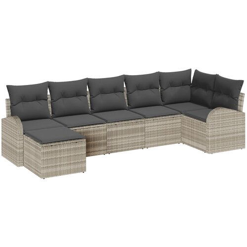 VidaXL 7-delna vrtna sedežna garnitura z blazinami Svetlo siva Poli ratan, 2-sedežna vrtna sofa z shrambo in blazinami Svetlo siva Poli ratan Slike