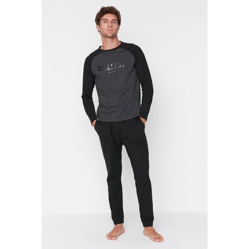 Trendyol Men's Black Printed Raglan Sleeve Knitted Pajamas Set Slike