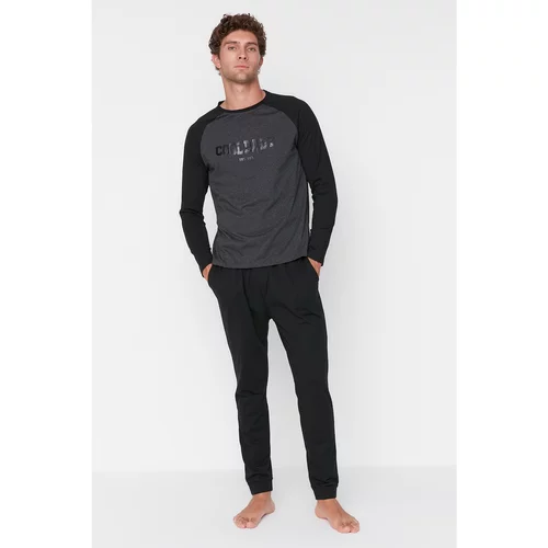 Trendyol Men's Black Printed Raglan Sleeve Knitted Pajamas Set