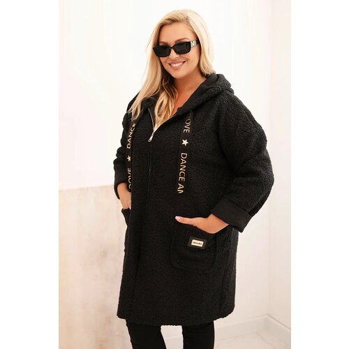 Kesi Włoski Plus Size women's coat made of faux sheepskin with a hood and pockets black Cene