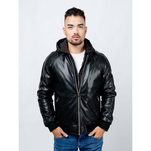 Glano Men's Leatherette Hooded Jacket - Black Slike