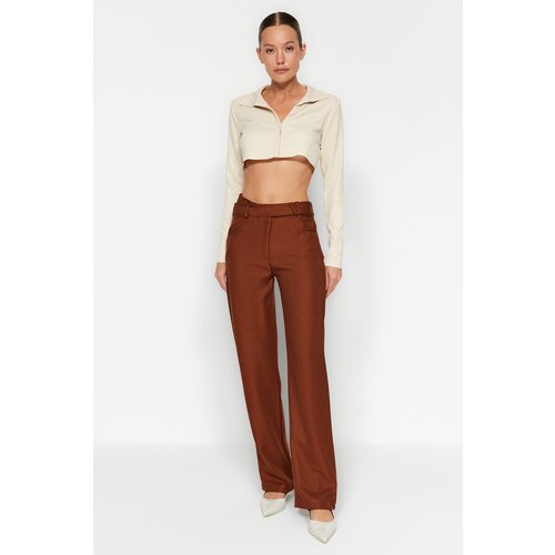 Trendyol Brown High Waist Straight Woven Trousers With Belt Detail Cene