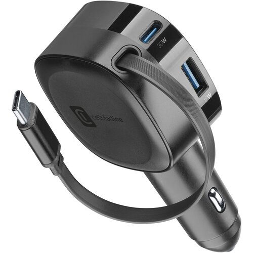 Cellular Line Avto polnilec navijalni GaN USB-C 60W, črn, (5000091239) Slike