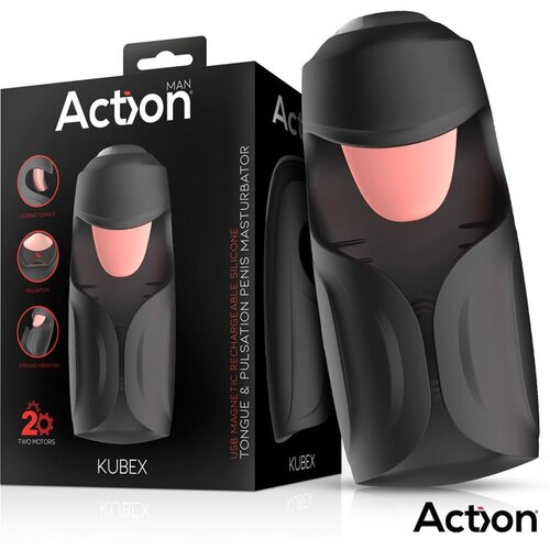 Action Kubex Masturbator with Licking Tongue, Pulsation &amp;amp; Vibration Black Slike